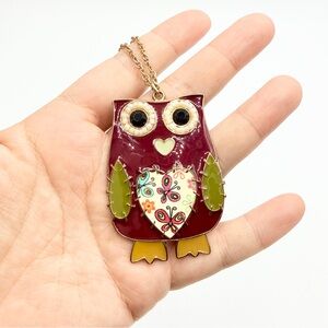 Vintage Enamel Owl Pendant Necklace Large Statement Gold Tone